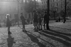 Magyarország, Budapest VIII., Horváth Mihály tér, a háttérben jobbra a Baross utca - Bacsó Béla (Német) utca sarok., 1954, Kriss Géza, Budapest, gyerekek, fiúk, park, árnyék, rövidnadrág, beszélgetés, Fortepan #191786