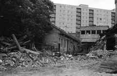 Magyarország, Budapest VIII., a Leonardo da Vinci utca épületeinek bontása, háttérben a Szigony utcai panelsorház Leonardo da Vinci köz felőli homlokzata., 1983, Kriss Géza, Budapest, Fortepan #192786