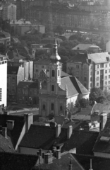 Magyarország, budai Vár, Budapest I., kilátás a Mátyás-templom tornyából a Krisztina tér, a Havas Boldogasszony-templom felé., 1969, Kriss Géza, Budapest, Fortepan #192982