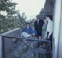 Hungary, Budapest III., Árpád fejedelem útja, a felvétel az 55. számú ház egyik erkélyén készült. Távolban a Margit híd sziluettje látható., 1968, Fortepan, colorful, family, baby carriage, tableau, balcony, newborn, Budapest, Fortepan #19301