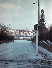 Csehország, Prága, Na Zástřelu ulice az U Páté baterie ulice felől az U šesté baterie ulice felé nézve., 1963, Wein Sarolta, Csehszlovákia, tél, hó, színes, utcakép, lámpaoszlop, kilátás, jelzőtábla, Fortepan #19338