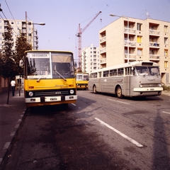 Magyarország, Orosháza, Thököly utca, buszállomás, háttérben a Rákóczi út panelházainak építkezése., 1982, Gábor Viktor, színes, Ikarus-márka, Ikarus 66, rendszám, Ikarus 266, autóbusz, Fortepan #193580