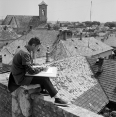 Magyarország, Szentendre, kilátás a Várdombról a Péter-Pál-templom és a távolabbi Pozsarevacska szerb ortodox templom felé., 1966, Gábor Viktor, rajztábla, háztető, Fortepan #193762