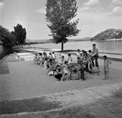 Magyarország,Dunakanyar, Nagymaros, Duna-part, jobbra a túlparton Visegrád., 1970, Gábor Viktor, libikóka, Fortepan #193949