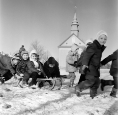 1972, Gábor Viktor, templom, hó, szánkó, Fortepan #194022