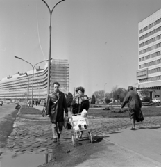 Magyarország, Kecskemét, Deák Ferenc tér a Petőfi Sándor utca felé nézve, jobbra a Pártház., 1973, Bojár Sándor, babakocsi, csecsemő, Fortepan #194822