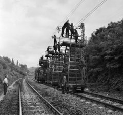 Hungary, Kismaros, a Vác-Szob vasútvonal villamosításán dolgozó felsővezeték-szerelők., 1971, Bojár Sándor, Fortepan #194938