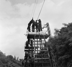 Hungary, Kismaros, a Vác-Szob vasútvonal villamosításán dolgozó felsővezeték-szerelők., 1971, Bojár Sándor, Fortepan #194939