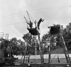 Hungary, Kismaros, a Vác-Szob vasútvonal villamosításán dolgozó felsővezeték-szerelők., 1971, Bojár Sándor, Fortepan #194943