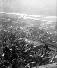 Slovakia, Trenčín, látkép a várból., 1923, Fortepan, Czechoslovakia, church, Baroque-style, Piarist Order, bird's eye view, building, bridge, river, plan view, Fortepan #19513