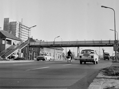 Magyarország, Budapest XI., Budaörsi út, gyalogos felüljáró a Bozókvár utcánál, háttérben az Osztapenko szobor., 1974, Bojár Sándor, Budapest, Fortepan #195312