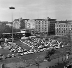 Magyarország, Budapest V., Erzsébet (Engels) tér, a parkoló és a MÁVAUT autóbusz-pályaudvar a Bajcsy-Zsilinszky út felől nézve., 1970, Bojár Sándor, Budapest, autóbusz, Ikarus-márka, Ikarus 55, Fortepan #195405