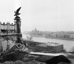 Magyarország, budai Vár, Budapest I.,Budapest V., kilátás a Budavári Palotából (korábban Királyi Palota) a Széchenyi rakpart és a Parlament felé. Balra a Turulmadár-szobor (Donáth Gyula, 1903.)., 1974, Bojár Sándor, Budapest, Fortepan #195411