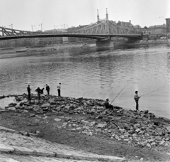 Magyarország, Budapest XI.,Budapest V., horgászok a Budapesti Műszaki Egyetem (később Budapesti Műszaki és Gazdaságtudományi Egyetem) előtti Duna-parton, háttérben a Szabadság híd, a Belgrád rakpart és a Fővám (Dimitrov) tér épületei., 1973, Bojár Sándor, Budapest, Budapesti Műszaki Egyetem, Fortepan #195417