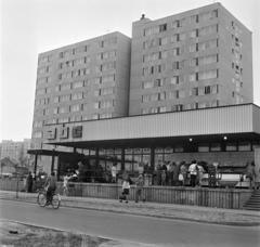 Magyarország, Budapest XIV., Csertő utca, háttérben a Füredi utca 64-66. számú épület., 1971, Bojár Sándor, élelmiszerbolt, panelház, áruház, bolt, Budapest, Fortepan #195473