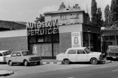 Magyarország, Budapest II., Pasaréti út, Zsiguli szerviz, háttérben a Szilágyi Erzsébet fasor 57. szánú ház., 1979, Bojár Sándor, Budapest, Fortepan #195821