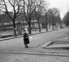 Magyarország, Budapest XII., a Fogaskerekű Svábhegy megállója, szemben az Eötvös út, balra a fák mögött a Svábhegyi Szanatórium épülete látszik., 1967, Zofia Rydet, vasúti jelző, nő, Budapest, forgalomirányítás, Fortepan #196226