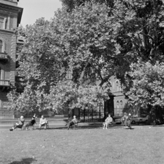 Magyarország, Budapest VI., Kodály körönd, háttérben az Andrássy út (Népköztársaság útja) 88-90. számú ház., 1974, Zofia Rydet, park, napozás, Budapest, Fortepan #196250