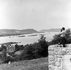 Hungary, Zebegény, kilátás a Millenniumi emlékműtől, a távolban a Duna-part Szobnál és a Pilismaróti-öböl., 1954, Keveházi János, train station, picture, photography, river, Fortepan #197085