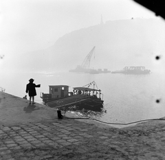 Magyarország, Budapest V., a lerombolt Erzsébet híd maradványainak kiemelése a pesti alsó rakpartról nézve., 1954, Keveházi János, Budapest, köd, hajódaru, gyerek, Fortepan #197107