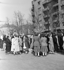 Magyarország, Budapest XIV., Stefánia (Vorosilov) út, május 1-i felvonulás résztvevői a 27-es számú ház előtt., 1955, Keveházi János, Budapest, bérház, tömeg, várakozás, Fortepan #197129