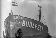 Hungary, a Budapest Duna-tengerjáró áruszállító motorhajó., 1932, Fortepan, ship, flag, crest, Ganz-brand, anchor, Budapest ship, Fortepan #19726