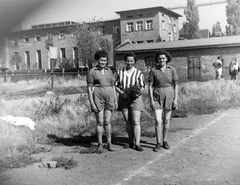 Magyarország, Budapest X., Maglódi út 4., sportpálya, háttérben a Növényolaj és Szappangyár., 1956, Keveházi János, csíkos ruha, Budapest, Fortepan #197402