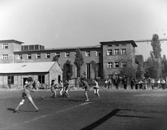 Magyarország, Budapest X., Maglódi út 4., sportpálya, háttérben a Növényolaj és Szappangyár., 1956, Keveházi János, labdarúgás, nők, Budapest, Fortepan #197411