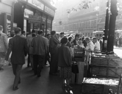 Magyarország, Budapest VIII., zölségárus a Baross tér 1. számú ház előtt, jobbra a Rákóczi út., 1956, Keveházi János, Budapest, zöldséges, cégtábla, Fortepan #197420