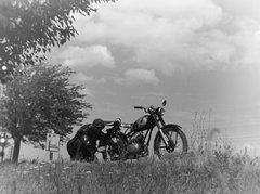 Magyarország, a 10-es (ekkor 1-es) főút a kesztölci elágazásnál., 1956, Keveházi János, motorkerékpár, szerelés, Fortepan #197425