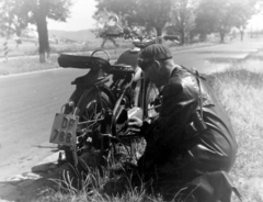 Magyarország, a 10-es (ekkor 1-es) főút a kesztölci elágazásnál., 1956, Keveházi János, rendszám, motorkerékpár, fényképezőgép, Csepel 125/T, Fortepan #197427