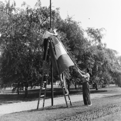 Magyarország, Budapest X., Szent László (Pataky István) tér., 1958, Keveházi János, Budapest, zászló, létra, képarány: négyzetes, Fortepan #197620