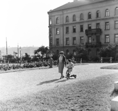 Magyarország, Budapest II.,Budapest V., a mai Gyóni Géza (ekkor névtelen) tér a Margit híd budai hídfőjénél, háttérben a Bem rakpart, a távolban a Balassi Bálint utca házsora., 1959, Keveházi János, tricikli, Budapest, Fortepan #197758