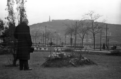 Magyarország, Budapest V., az 1956-os forradalom alatt elesett ideiglenes sírja a Vigadó (Molotov) téren, háttérben a Gellért-hegy., 1956, Bauer Sándor, Budapest, sírhalom, gyász, kalap kézben, Fortepan #199451