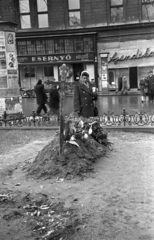 Magyarország, Budapest V., Vörösmarty tér, az 1956-os forradalom alatt elesett ideiglenes sírja., 1956, Bauer Sándor, Budapest, fejfa, sírhalom, korlát, Fortepan #199480