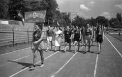 Hungary, People's Park, Budapest X., Építők pálya., 1955, Bauer Sándor, march, pitch, sportsperson, board, Budapest, Fortepan #199529