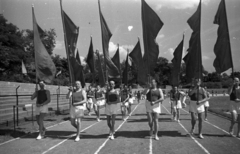 Hungary, People's Park, Budapest X., Építők pálya., 1955, Bauer Sándor, Budapest, march, flag, men, sportsperson, vest, Fortepan #199533