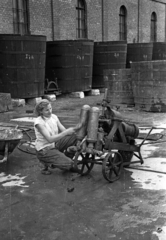 1955, Bauer Sándor, working woman, bathtub, distillery, pump, assembly, Fortepan #199566