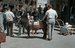 Lengyelország, Poznań, az Okrąglak (Körépület) előtt az ulica Mielżyńskiego felé nézve., 1959, Bernhardt, színes, babakocsi, lószerszám, póniló, Fortepan #199749