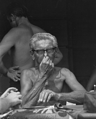 1969, Borbély Mihály, half-naked, glasses, gesture, medal, Fortepan #199830