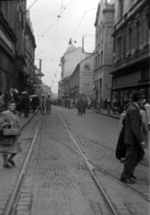 Hungary, Pécs, Király (Kossuth Lajos) utca a Széchenyi tér felől nézve., 1957, Dénes János, ad, street view, rails, Csemege enterprise, Fortepan #200106