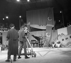 Magyarország, Budapest XIV., Istvánmezei út, Jégszínház, a Magyar Televízió Ki mit tud? 1962. műsorának döntője., 1962, Kotnyek Antal, közönség, mikrofon, tangóharmonika, zongora, színpad, díszletháttér, reflektor, operatőr, tévékamera, Budapest, Fortepan #20105