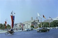 Italy, Rome, Via dei Fori Imperiali, a középen álló épület a Curia Iulia, mögötte a kupolás épület a Szent Lukács és Martina temploma., 1960, Gergely György, colorful, flag, motorcycle, automobile, Fortepan #201329