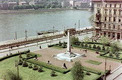 Hungary, Budapest V., Vigadó tér, szovjet repülős emlékmű., 1961, Gömöri család, colorful, tram, Danube, Budapest, Fortepan #201429