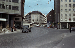 Ausztria, Bécs, Praterstrasse, a Grosse Mohrengasse felől, középen jobbra a Ferdinandstrasse torkolata., 1962, Jakab Antal, színes, Fortepan #201695