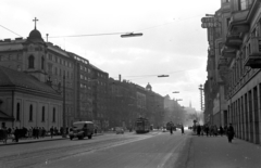 Magyarország, Budapest VIII., a Rákóczi út a Szent Rókus-kápolnától az Astoria kereszteződés felé nézve., 1962, Jakab Antal, Budapest, Fortepan #201868