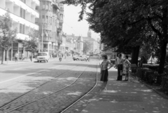 Magyarország, Szeged, Dugonics tér a Somogyi utca irányába., 1978, Rubinstein Sándor, villamosmegálló, sínpálya, felsővezeték, Fortepan #202908