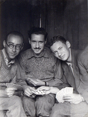 Romania,Transylvania, a Magyar Királyi Honvédség 209/18 honvéd tábori vegyes munkásszázad munkaszolgálatosai., 1940, Névai János, winter, snow, card game, labor service, three people, Fortepan #204168