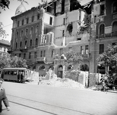 Hungary, Budapest VIII., József körút 52-56., Harminckettesek tere sarok., 1945, Somlói Miklós dr., war damage, tram, Budapest, brick, Fortepan #204306