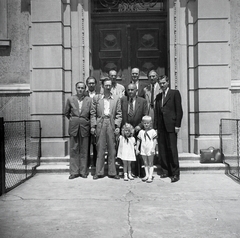 1948, Somlói Miklós dr., tableau, men, stairs, kids, door, briefcase, man, kid, photo aspect ratio: square, Fortepan #204310